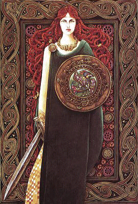 Brigit with shield and sword